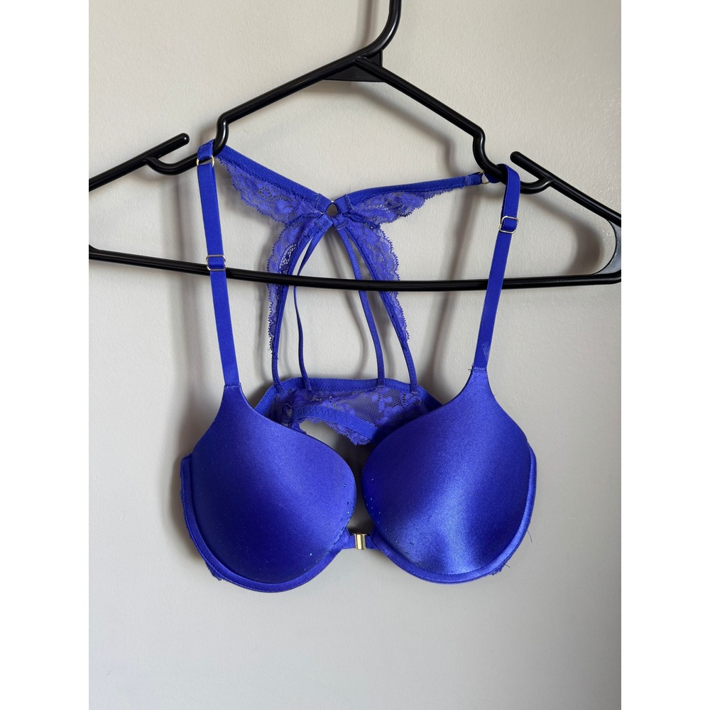 La Senza Womens Blue Beyond Sexy Push Up Bra 34C Lace Rhinestone Glamour